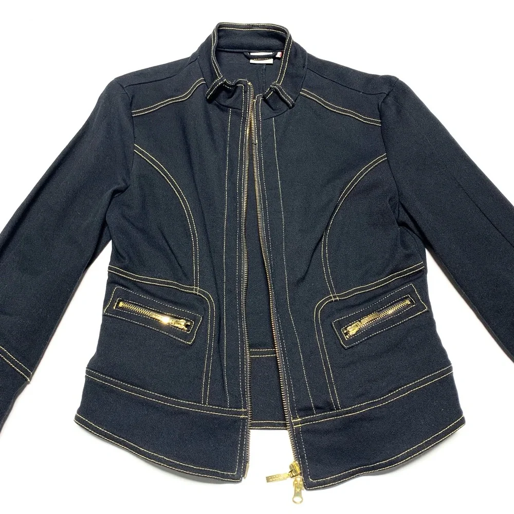 ❗️SOLD❗️Y2K Georgiou Studio Black Denim Tailored Mock Neck Zip Jacket S - Picture 4 of 11